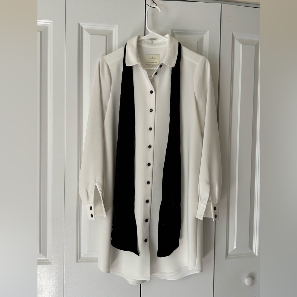Kate Spade Ivory Griffin Shirt Dress with Black Velvet Tie